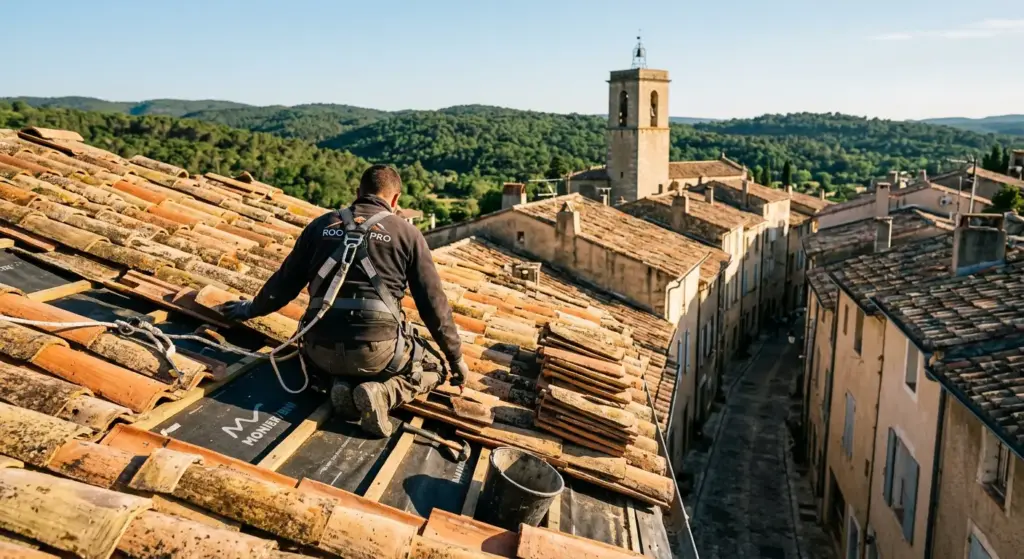 ouvreur sur une toiture en tuiles canal dans le centre ancien de Brignoles